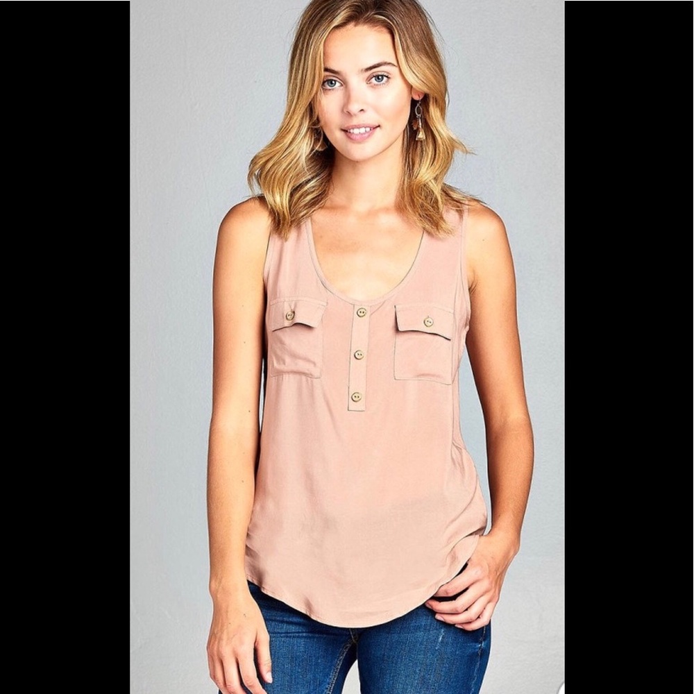 Woven Tank Top w/ Front Double Pockets-Dusty Peach